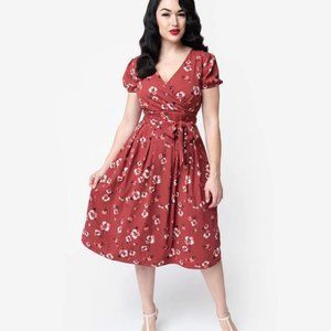 1940s Style Dark Pink Floral Pin Up Midi Dress Vintage Reproduction